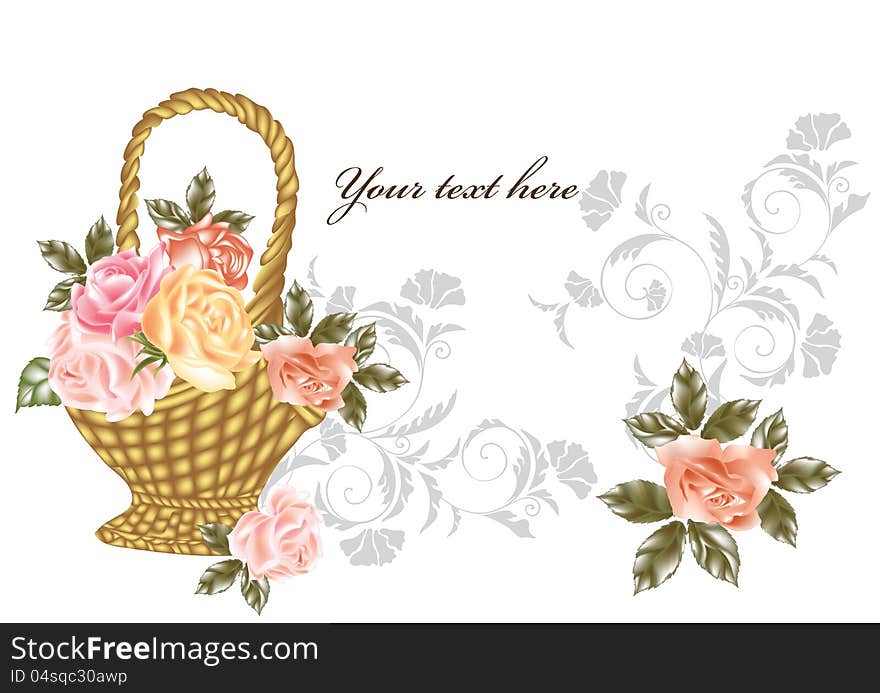 Greeting card with roses in basket on white. Greeting card with roses in basket on white