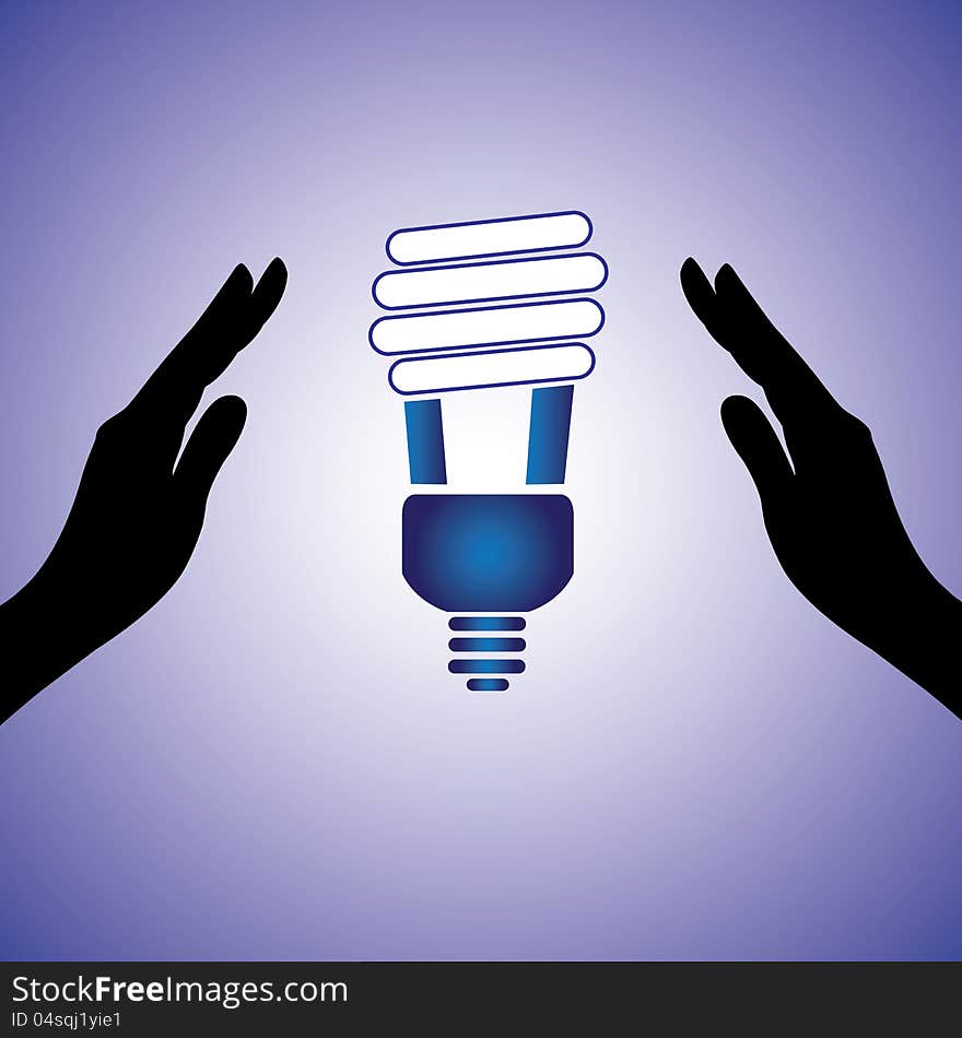 Concept illustration of saving/conserving power. The graphic contains female hands silhouette and Compact fluorescent lamp image which uses very less energy for lighting