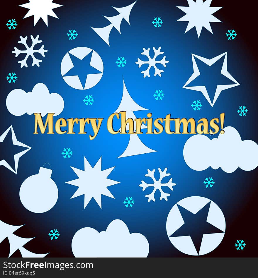 Blue Merry Christmas background with various figures of white color