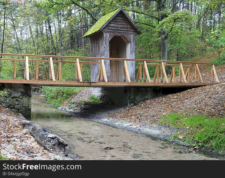 City park. Small river at autumn forest