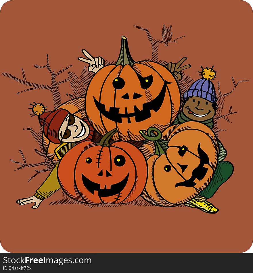 A color drawing / illustration: boys playing with pumpkins made into jack o'lanterns. An Autumn illustration especially appropriate for Halloween. A color drawing / illustration: boys playing with pumpkins made into jack o'lanterns. An Autumn illustration especially appropriate for Halloween.