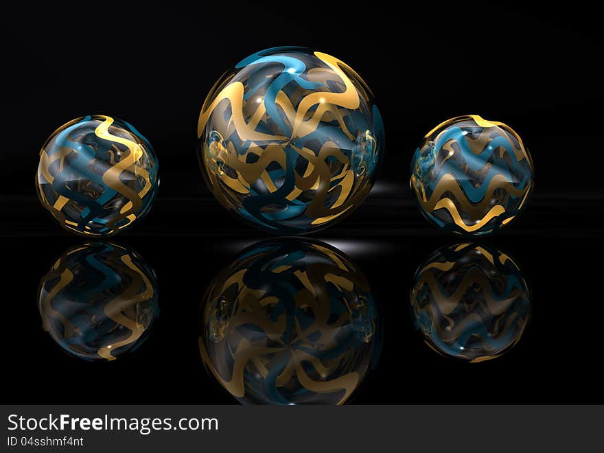 Marble shapes with colors against a black background and reflected in foreground. Marble shapes with colors against a black background and reflected in foreground.