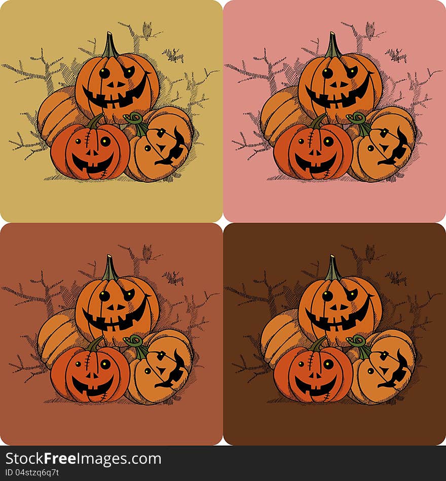 A color drawing / illustration set (4 variants backgrounds): pumpkins made into jack o'lanterns. An Autumn illustration especially appropriate for Halloween. A color drawing / illustration set (4 variants backgrounds): pumpkins made into jack o'lanterns. An Autumn illustration especially appropriate for Halloween.