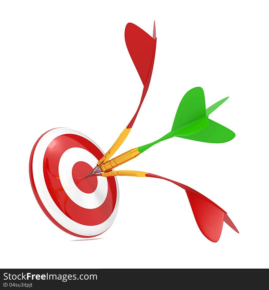 Green Dart Got to Center of Red Dart and Broke It.Hitting a Target Concept. Green Dart Got to Center of Red Dart and Broke It.Hitting a Target Concept.