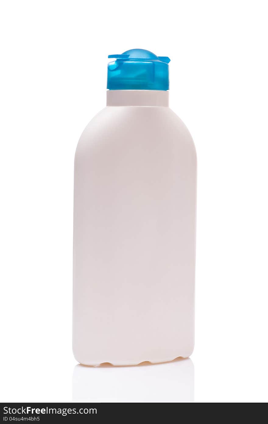 White blank bottle wiht blue cap, on white background