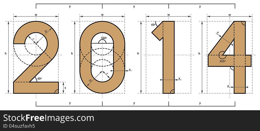 2014 year project, symbolizing new year, made in technical drawing style. 2014 year project, symbolizing new year, made in technical drawing style