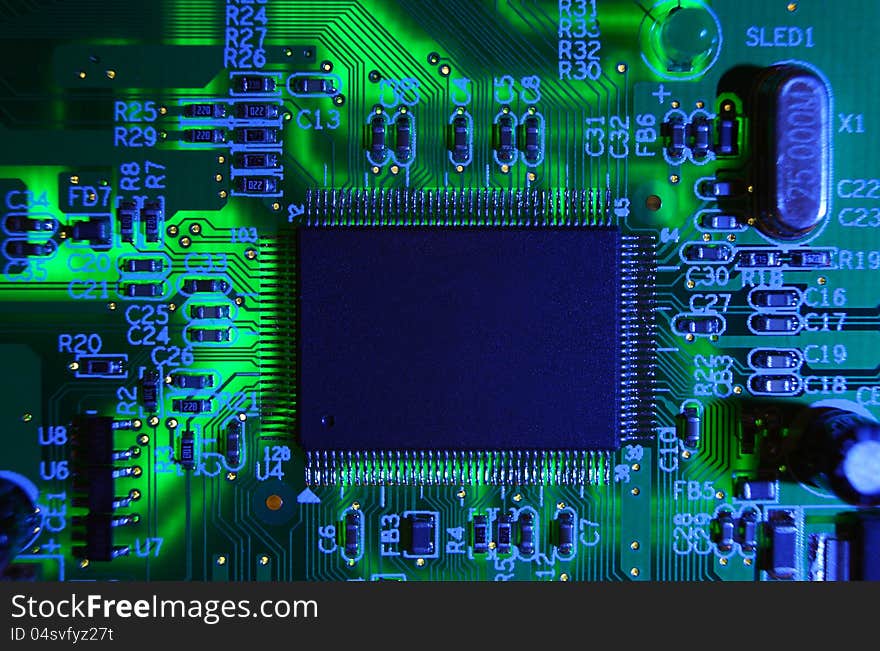 Electronic components on a printed circuit board. Electronic components on a printed circuit board