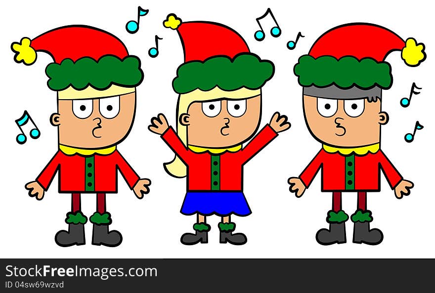 Illustration of a group of singing cartoon kids in Santa Claus costumes. Illustration of a group of singing cartoon kids in Santa Claus costumes