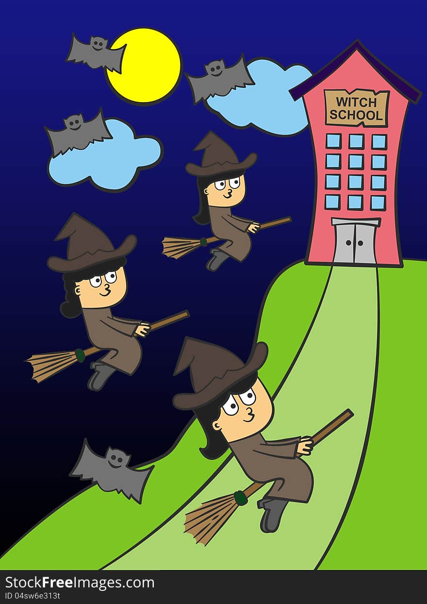 A group of witches riding in flying brooms and heading towards a school for witches. A group of witches riding in flying brooms and heading towards a school for witches