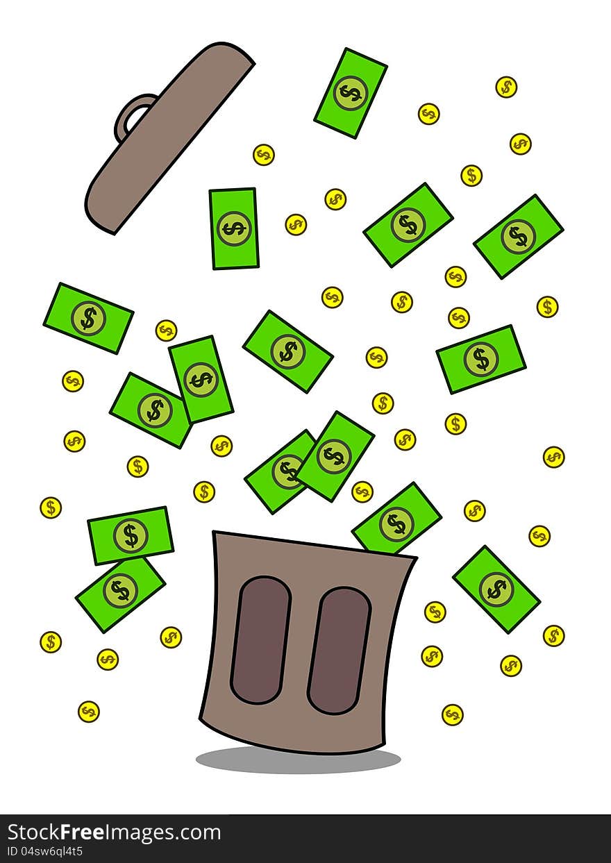 A cartoon illustration of dollar bills and coins coming out from a trash can. A cartoon illustration of dollar bills and coins coming out from a trash can