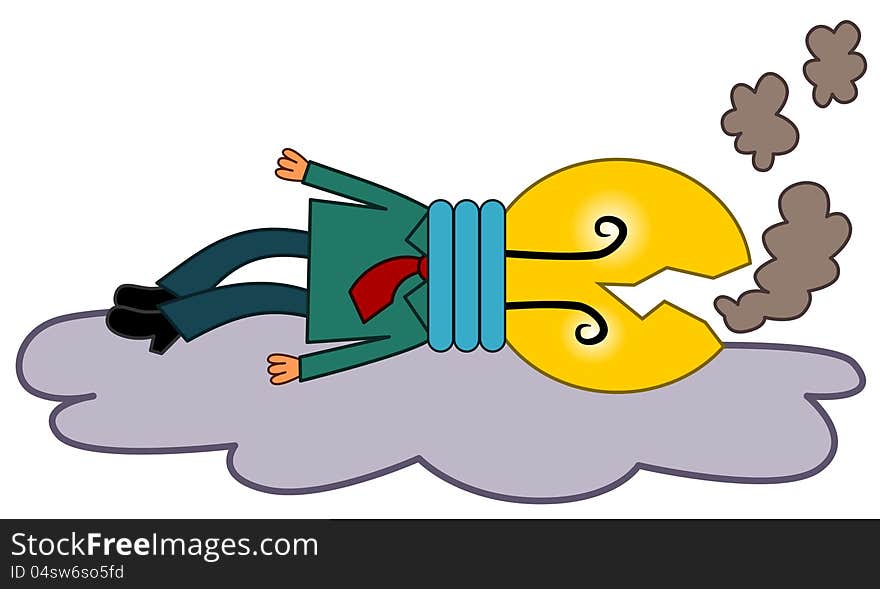 A cartoon character in business attire is laying down with a broken light bulb head. A cartoon character in business attire is laying down with a broken light bulb head