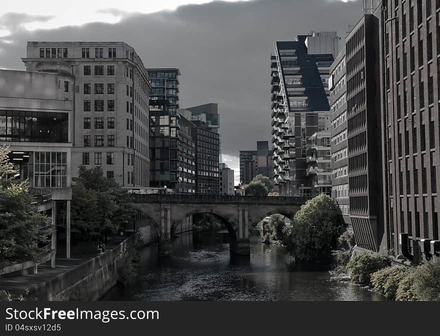 Manchester canal with modern buildings, apartments and office on both sides. Image no 130. Manchester canal with modern buildings, apartments and office on both sides. Image no 130.