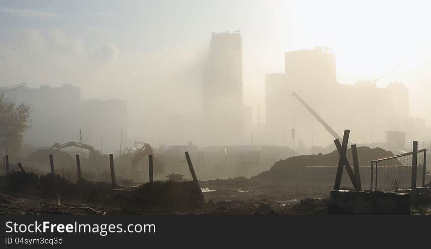 Building site in a mist in the morning