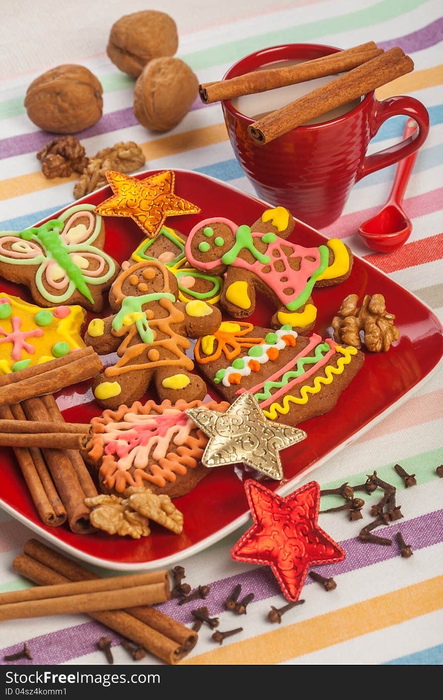 Gingerbread on a red plate, Christmas cookies