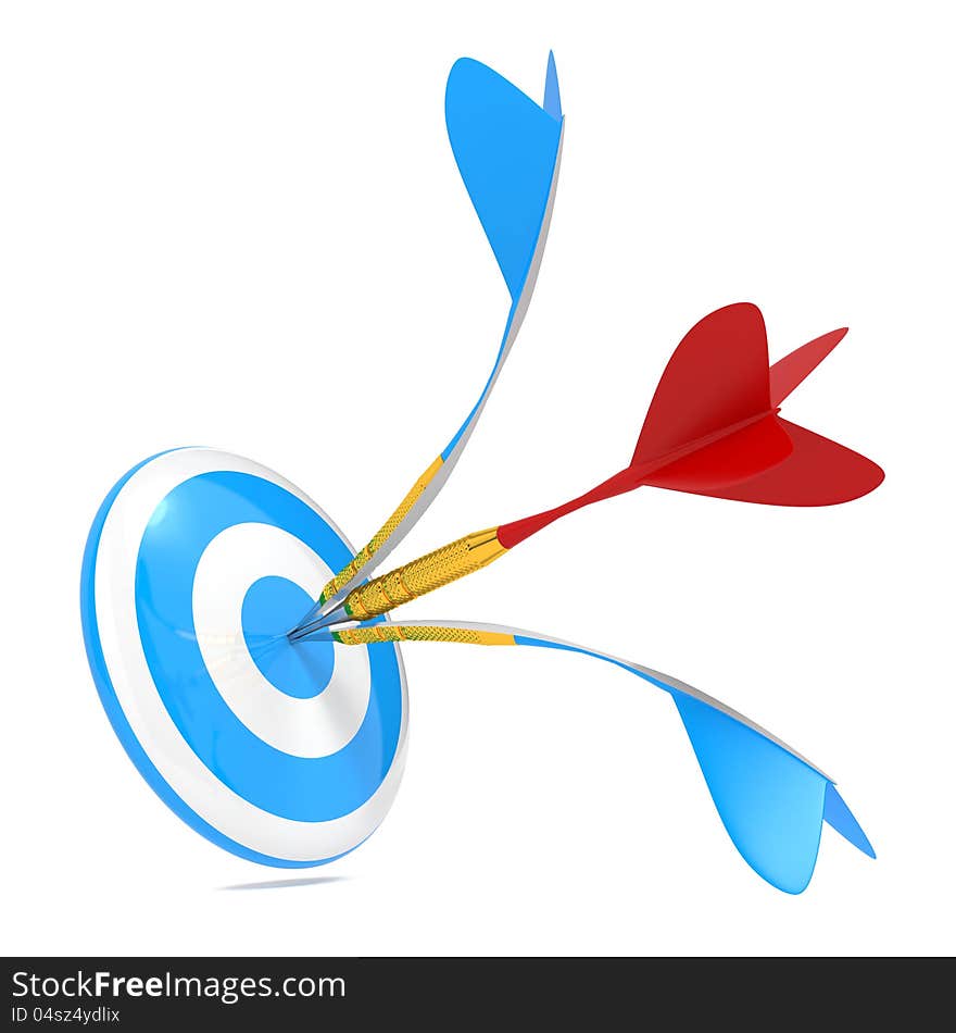 Red Dart Got to Center of Blue Dart and Broke It.Hitting a Target Concept. Red Dart Got to Center of Blue Dart and Broke It.Hitting a Target Concept.