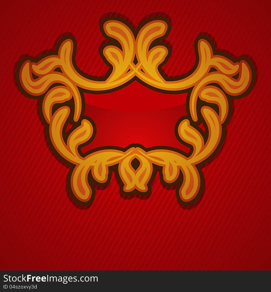 Ornate golden shield over dark red striped background. Ornate golden shield over dark red striped background