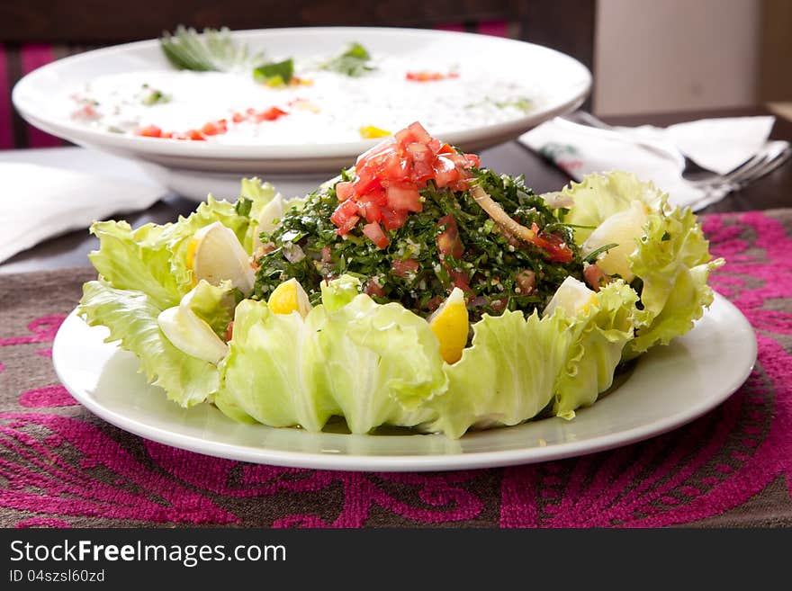 Oriental Salad, green salad , lemon, tomato and vegetable