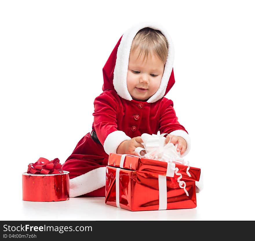 Santa Claus baby girl opening gift box on white background