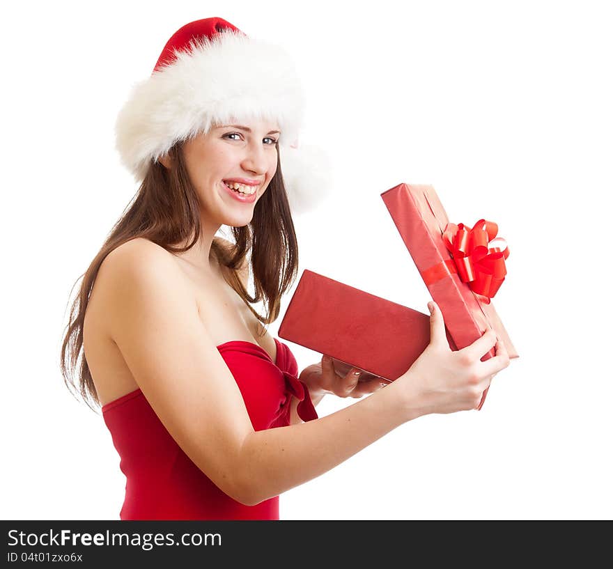 Santa girl with gift box isolated on white