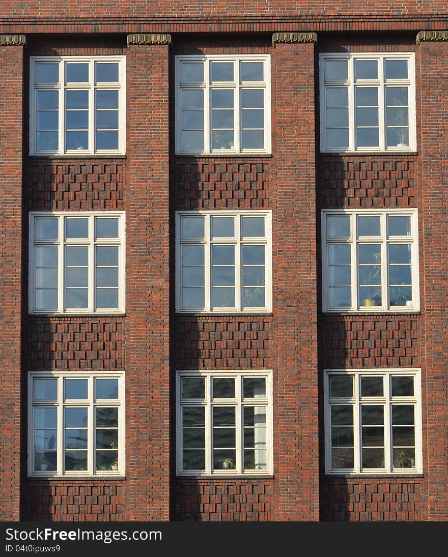 Modernist red brick facade in Hamburg