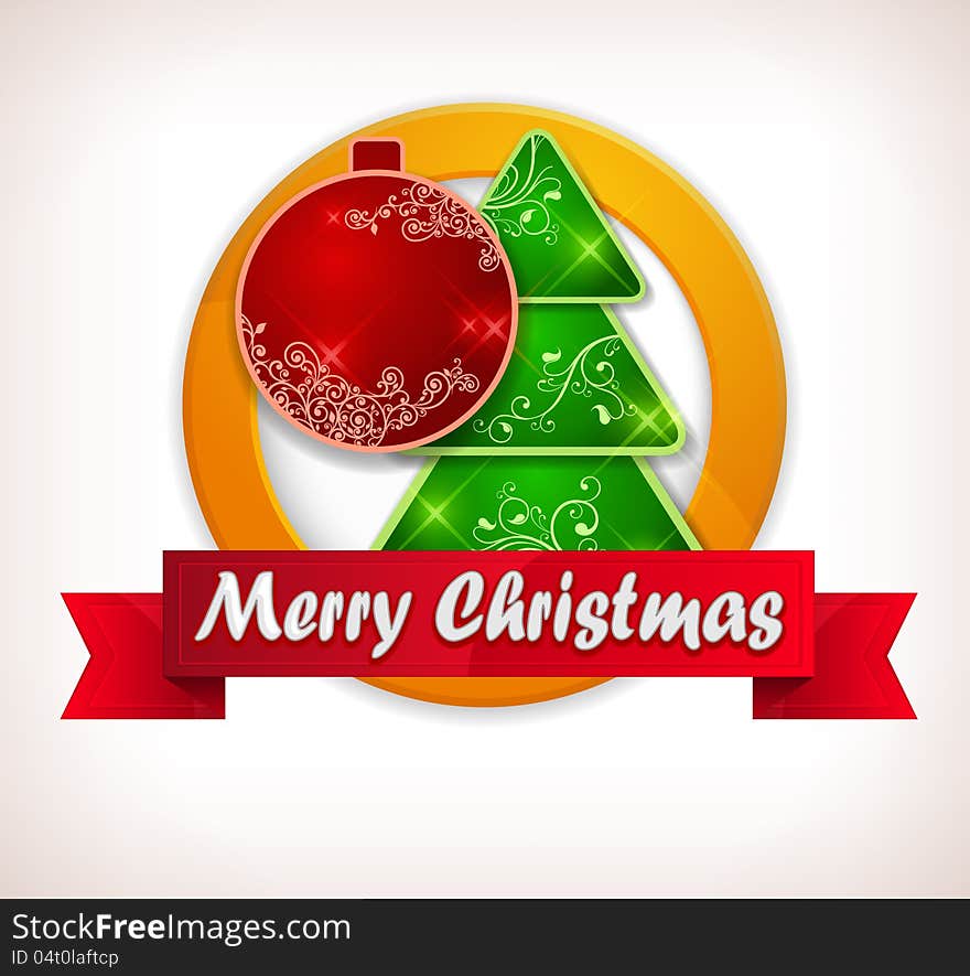 Christmas round label with balls and fir tree & text, vector illustration