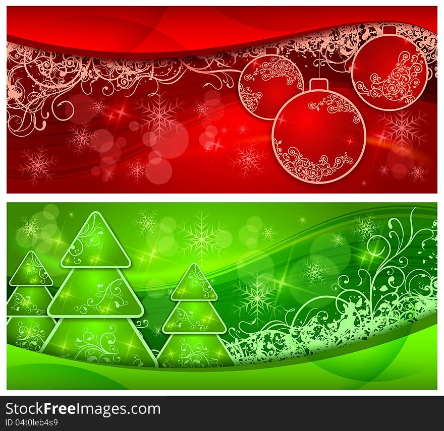 Christmas two background with fir trees and balls in red and green, vector illustration. Christmas two background with fir trees and balls in red and green, vector illustration