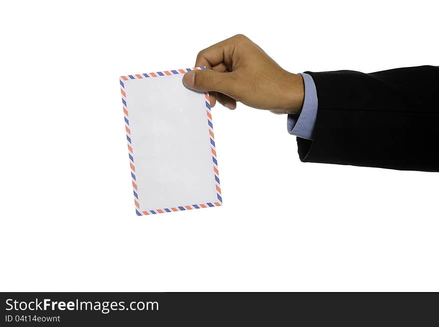 Business man showing blank envelope isolated over white background. You can put your message on the envelope. Business man showing blank envelope isolated over white background. You can put your message on the envelope