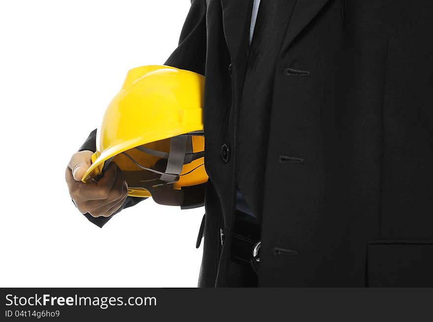 Detail of an architect holding helmet, isolated over white