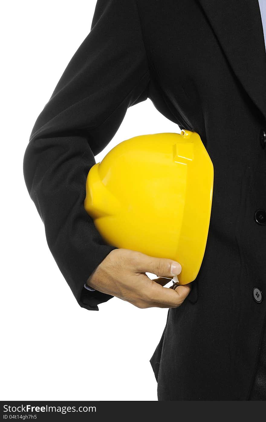 Detail of an architect holding helmet, isolated over white