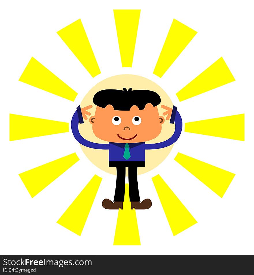 A thinking cartoon character in business attire with sunburst background. A thinking cartoon character in business attire with sunburst background