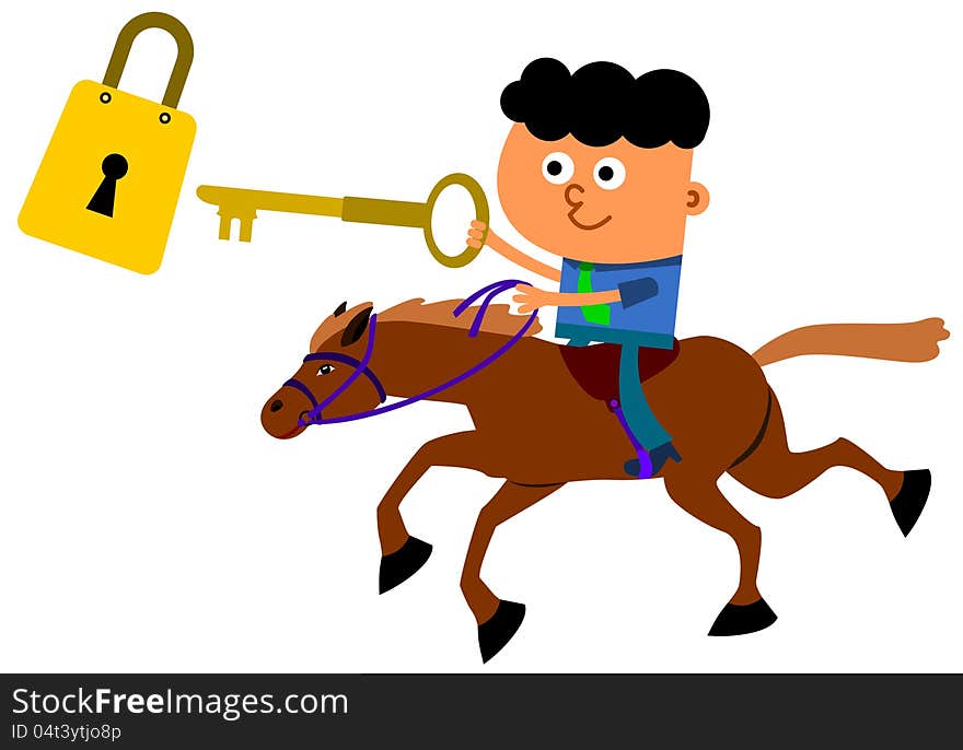 A cartoon business man jousting using a key to insert into a giant lock. A cartoon business man jousting using a key to insert into a giant lock