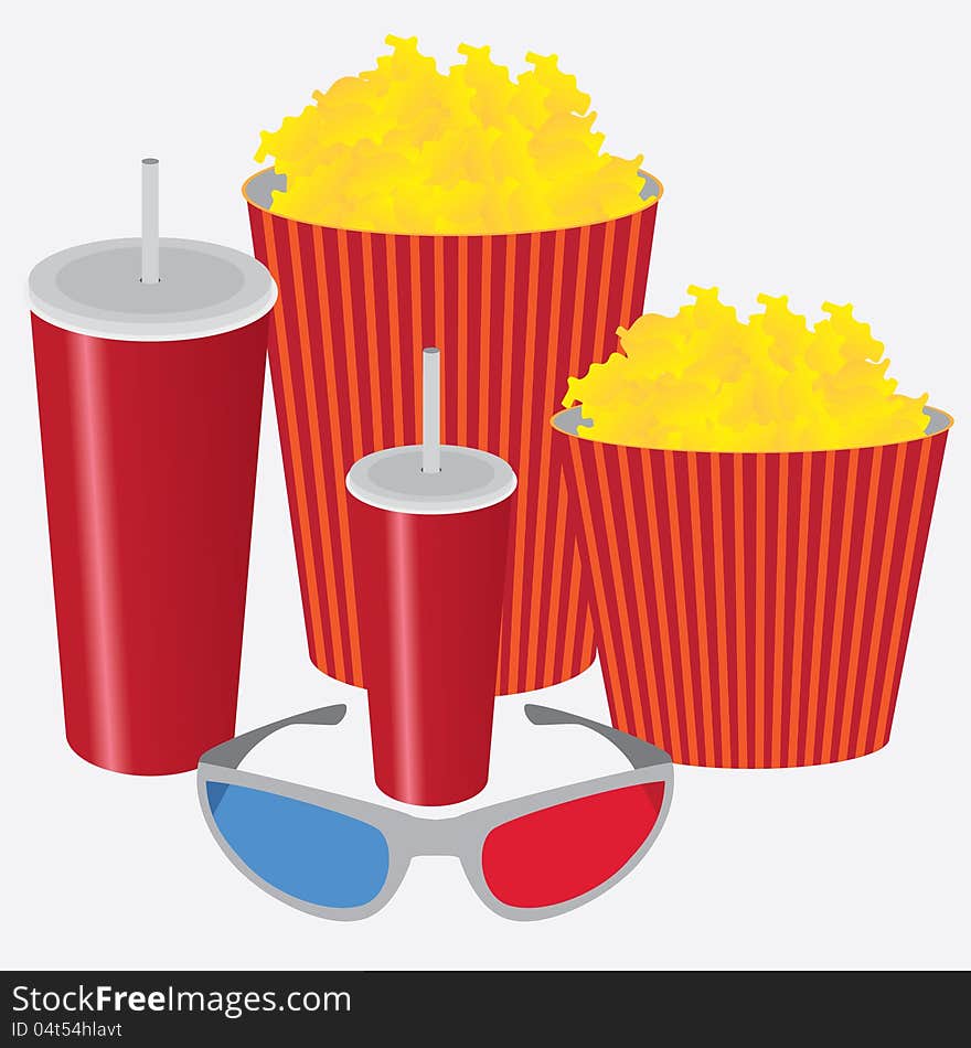 Soda, popcorn and 3D glasses on the white background. Soda, popcorn and 3D glasses on the white background.