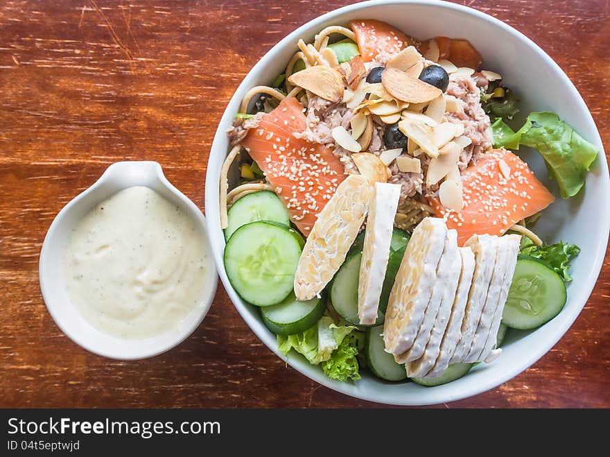 Salmon tuna fish salad with cream sauce