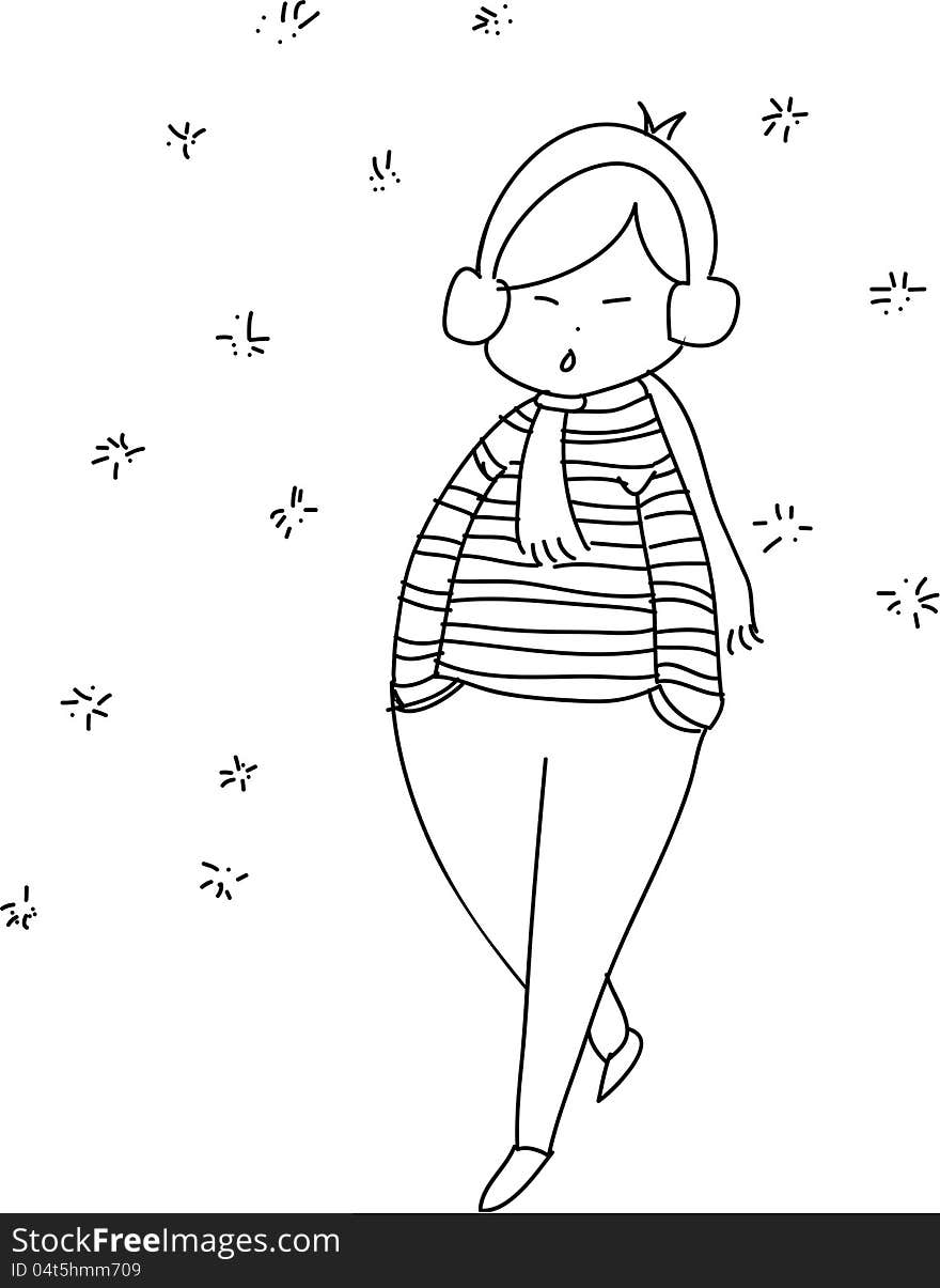 Freehand sketch cartoon girl relax walking in the winter season; black and white. Freehand sketch cartoon girl relax walking in the winter season; black and white