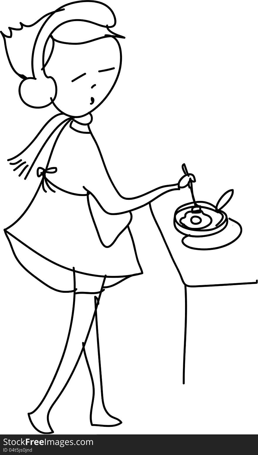 Freehand sketch cartoon girl cooking