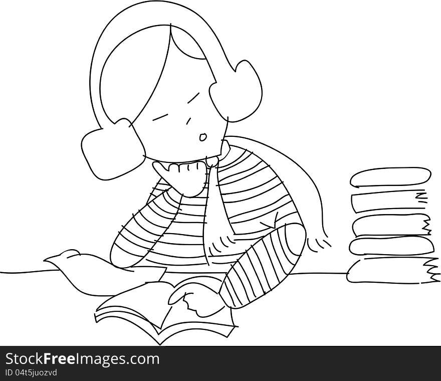 Freehand sketch cartoon girl relax reading