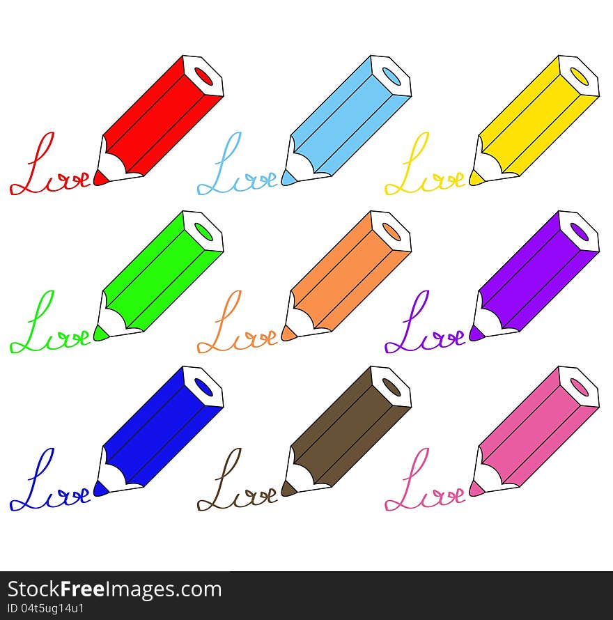 Set of colorful pencils with love