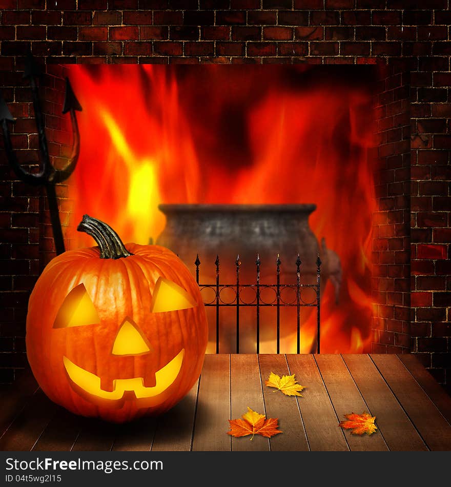 Halloween abstract backgrounds with pumpkin and fireplace