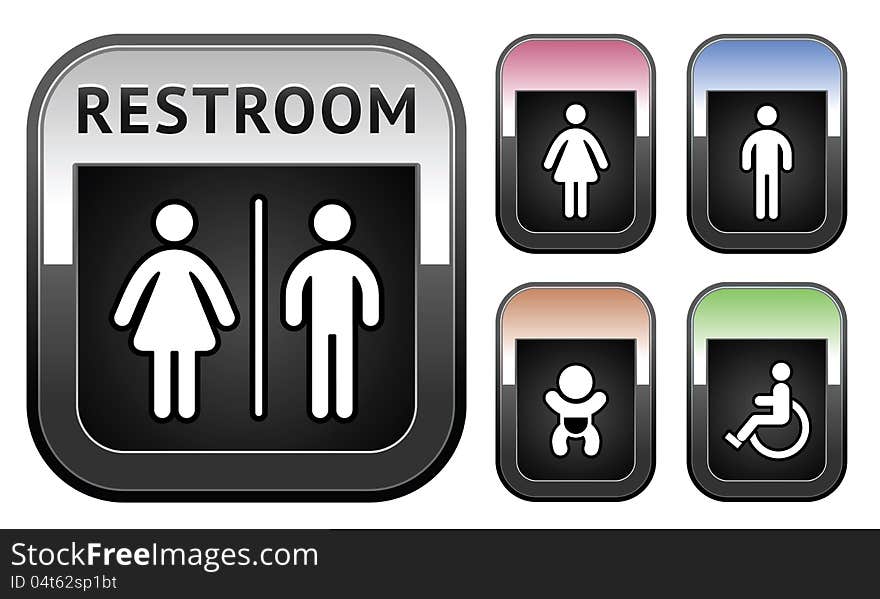 Restroom symbol, metallic buttons set. Vector design