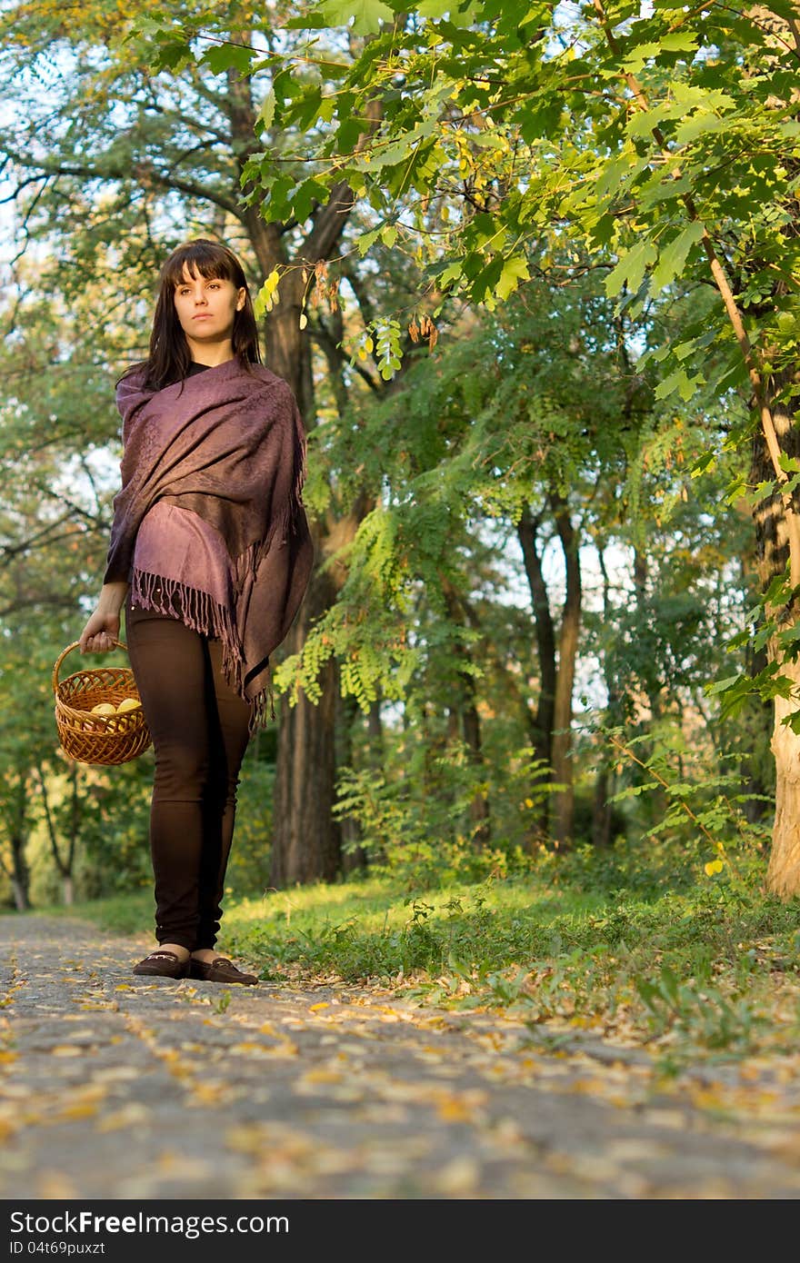 Woman With Basket Of Apples In Woodland