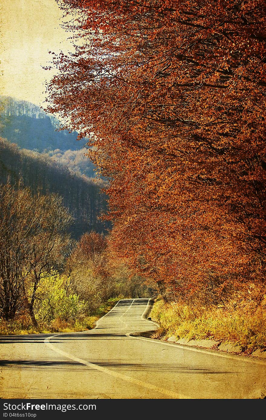 Vintage photo of curving road in autumn forest. Vintage photo of curving road in autumn forest