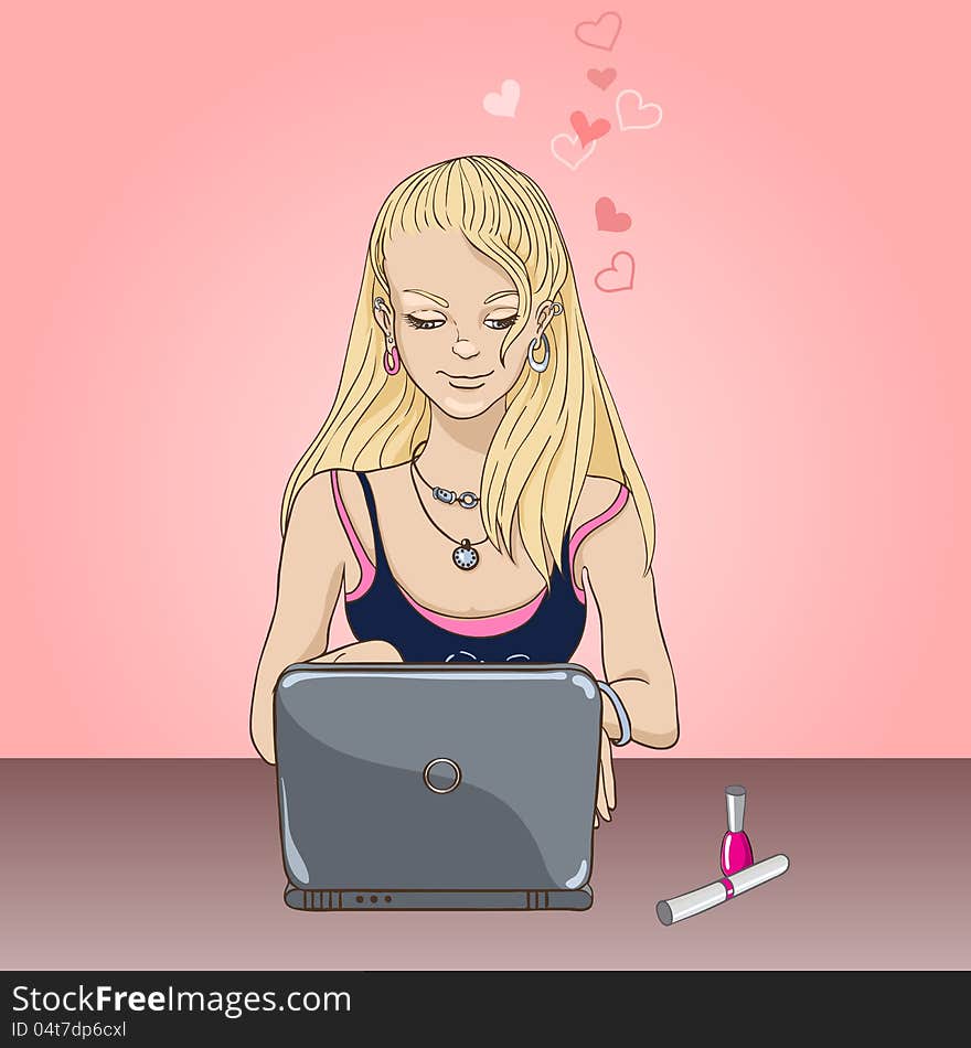 Pretty young blonde looks in the laptop. Pretty young blonde looks in the laptop