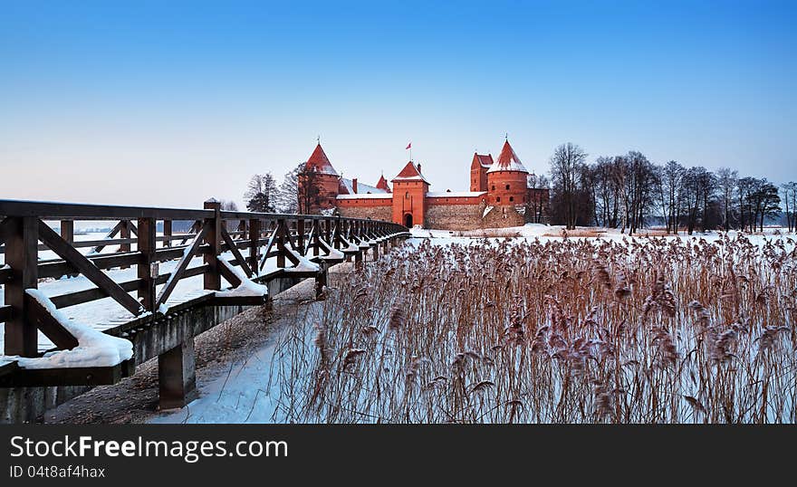 Trakai. Trakai is a historic city and lake resort in Lithuania. It lies 28 km west of Vilnius, the capital of Lithuania.