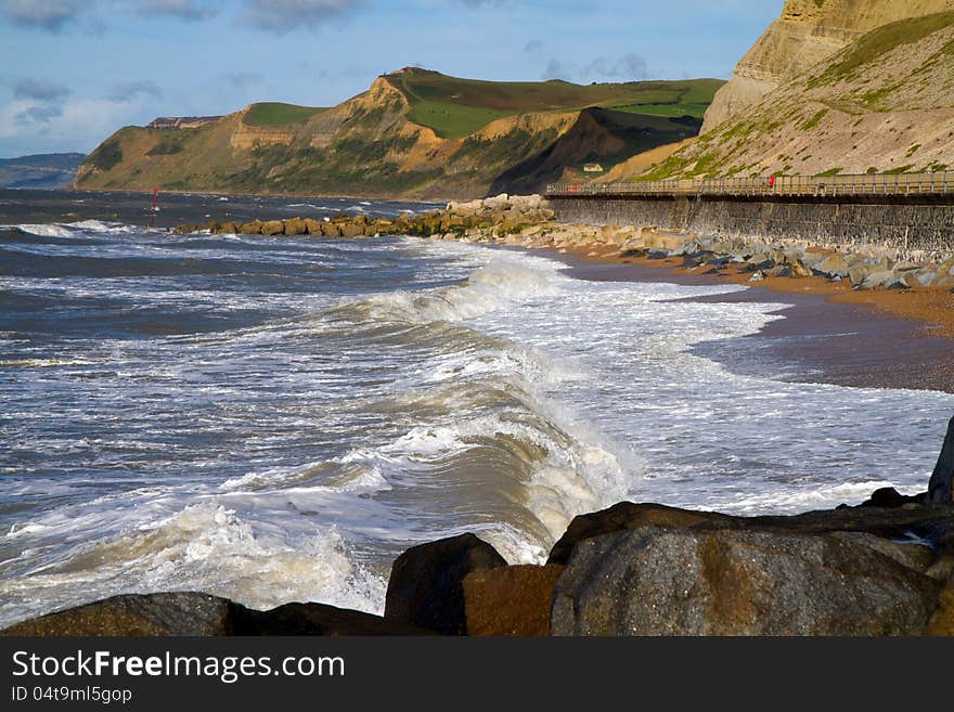 West Bay beach and Dorset coastline including Ridge Cliff, Doghouse Hill and Thorncombe Beacon. West Bay beach and Dorset coastline including Ridge Cliff, Doghouse Hill and Thorncombe Beacon