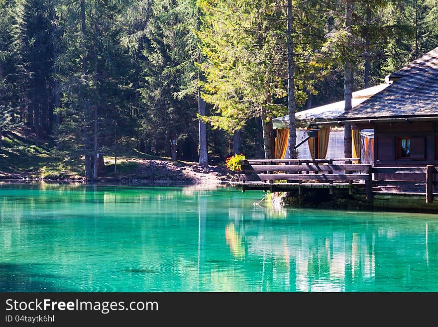 Rest area of mountain lake  Lago Ghedina