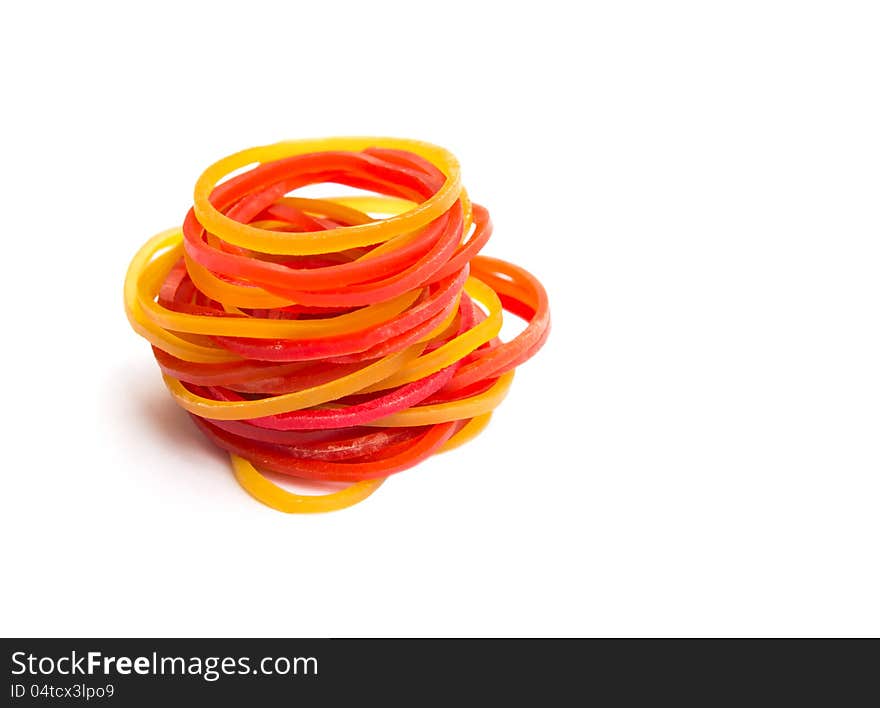 A Colorful rubber bands  on white background