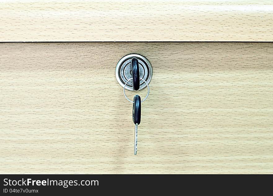 Key with lock of wood table in room