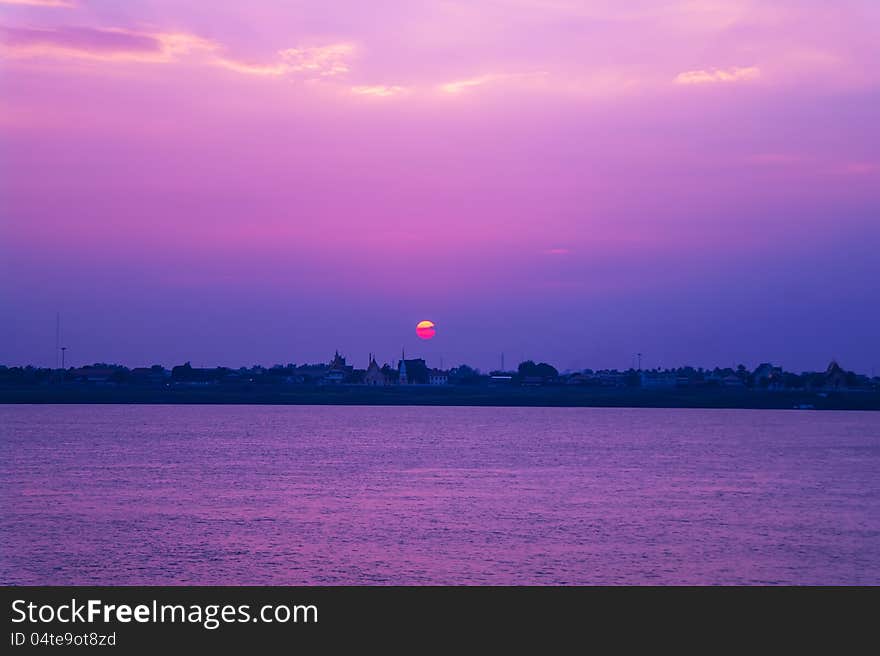 Sunset in the Nakhon Phanom. View from Thakhek.