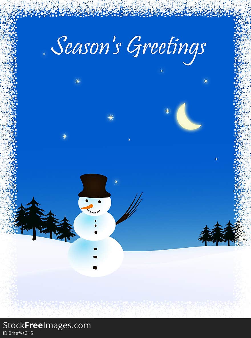 Graphic illustraion of a snowman under the cold winter sky with moon and stars. Season's greetings. Graphic illustraion of a snowman under the cold winter sky with moon and stars. Season's greetings.