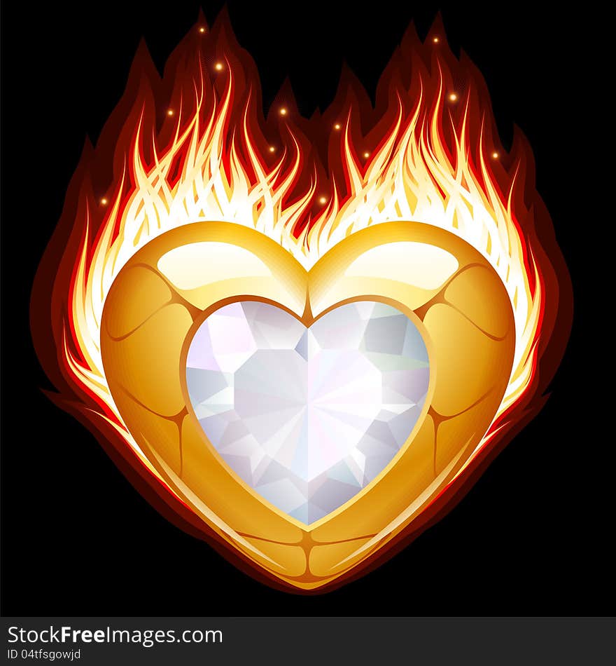 Jewelry in the shape of heart in fire